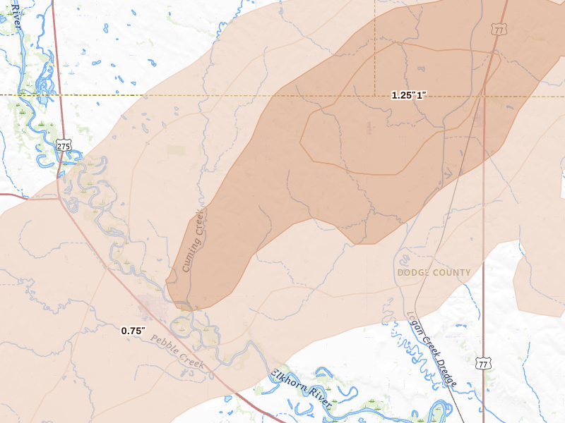 Radar-estimated hail-size map of the storm over Hooper, NE on Apr 23, 2026
