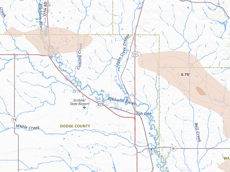 Radar-estimated hail-size map of the storm over Hooper, NE on May 31, 2026