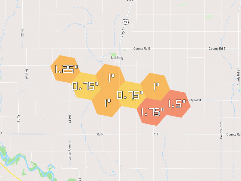 Hail map of Hooper, NE on Jun 1, 2026, hail up to 1.75"