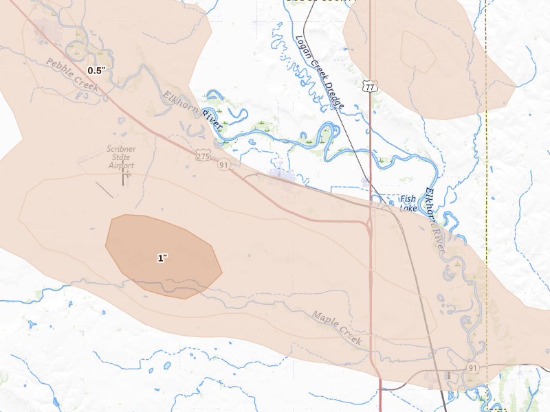 Radar-estimated hail-size map of the storm over Hooper, NE on Aug 11, 2026