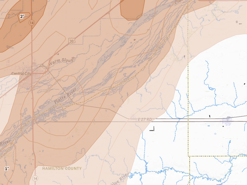 Radar-estimated hail-size map of the storm over Hordville, NE on May 17, 2026