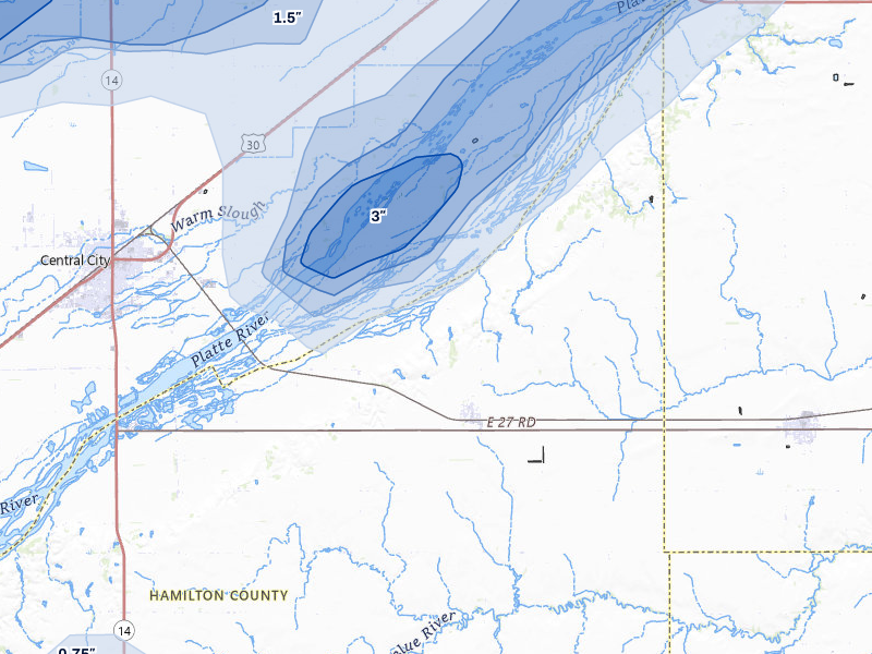 NEXRAD radar-signature map of the hail storm over Hordville, NE on May 17, 2026