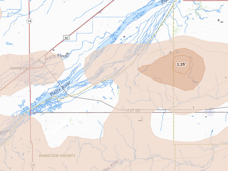 Radar-estimated hail-size map of the storm over Hordville, NE on Jun 5, 2026