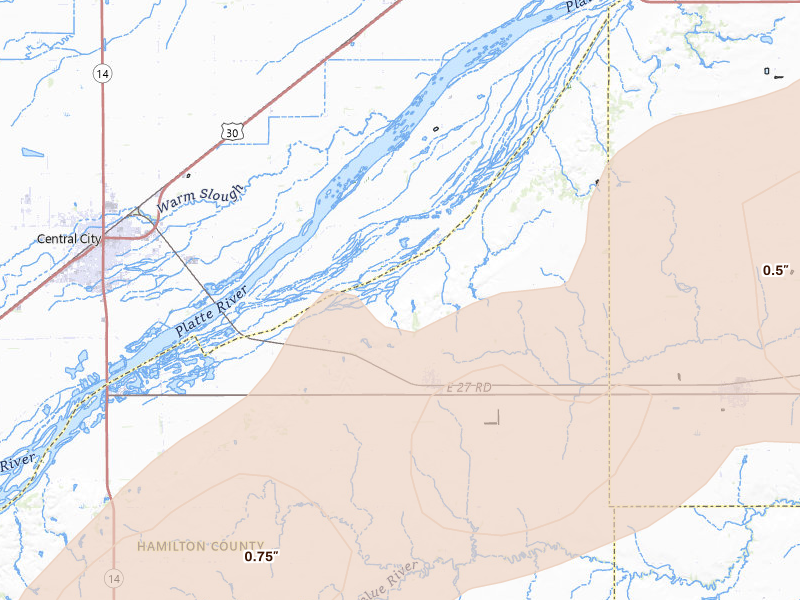 Radar-estimated hail-size map of the storm over Hordville, NE on Jun 9, 2026