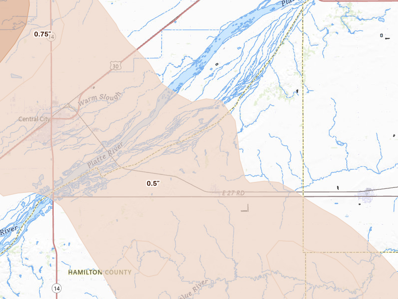 Radar-estimated hail-size map of the storm over Hordville, NE on Aug 19, 2026