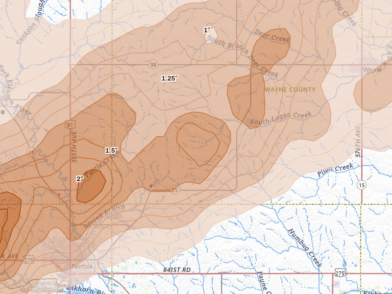 Radar-estimated hail-size map of the storm over Hoskins, NE on Jun 29, 2026