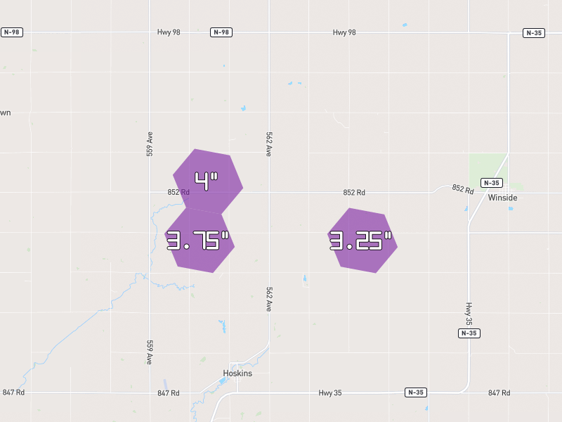 Hail map of Hoskins, NE on Jun 30, 2026, hail up to 4"