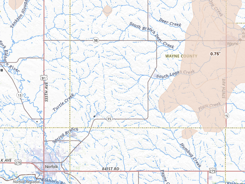 Radar-estimated hail-size map of the storm over Hoskins, NE on Jul 2, 2026