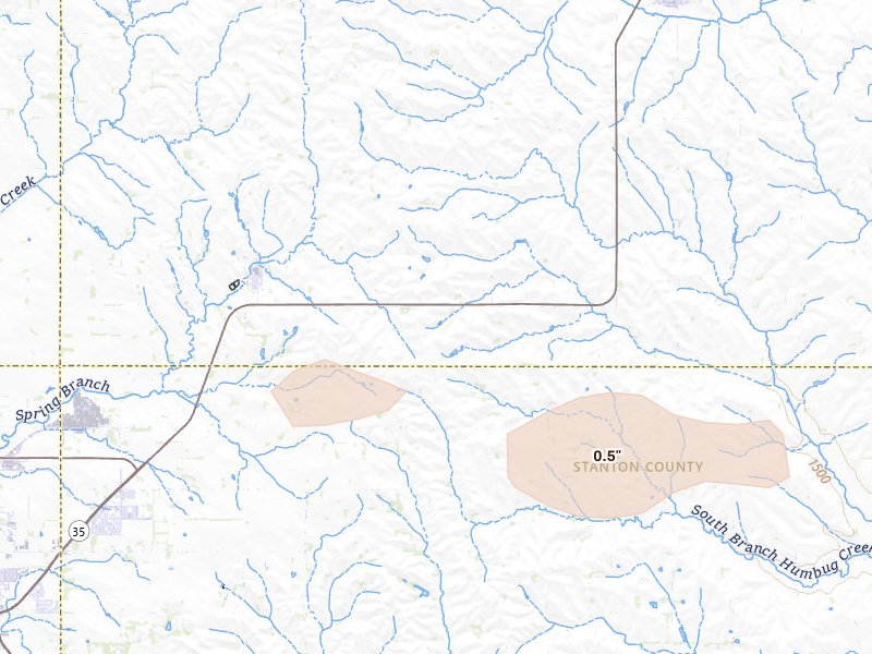 Radar-estimated hail-size map of the storm over Hoskins, NE on Aug 11, 2026