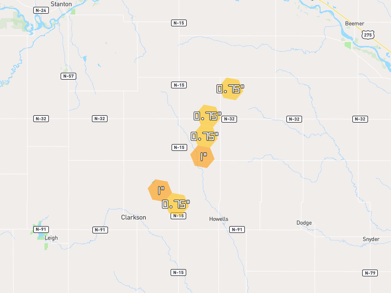 Hail map of Howells, NE on Jul 1, 2026, hail up to 1"