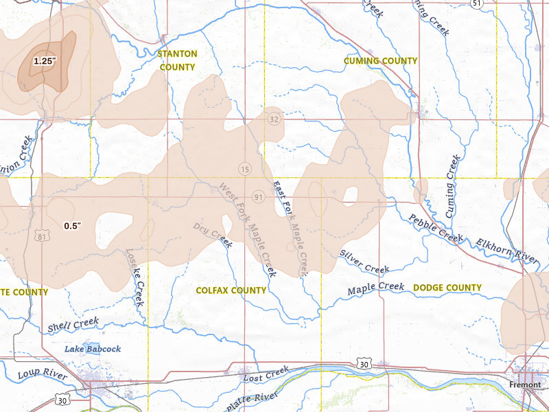 Radar-estimated hail-size map of the storm over Howells, NE on Aug 12, 2026