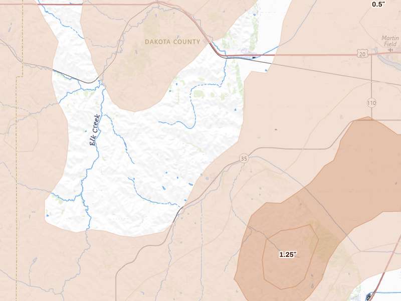 Radar-estimated hail-size map of the storm over Hubbard, NE on Jun 29, 2026