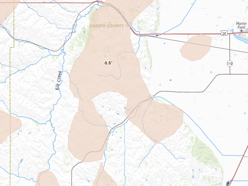 Radar-estimated hail-size map of the storm over Hubbard, NE on Jul 2, 2026