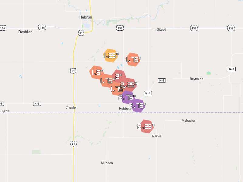Hail map of Hubbell, NE on Jul 4, 2026, hail up to 2.75"