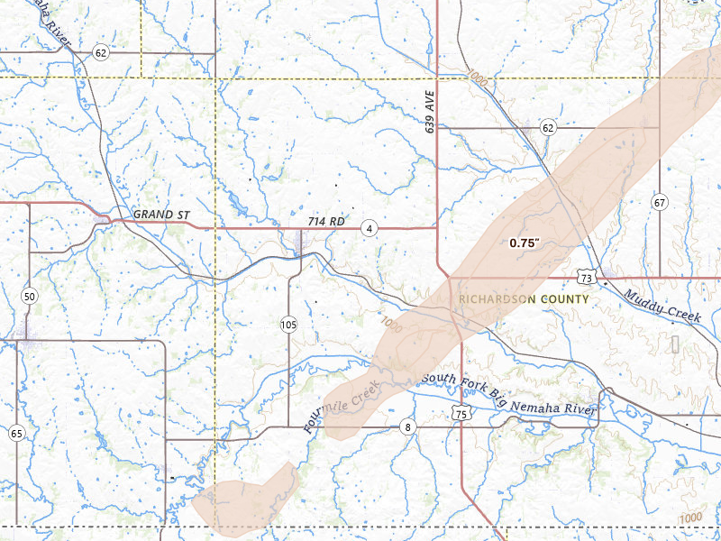 Radar-estimated hail-size map of the storm over Humboldt, NE on Apr 3, 2026