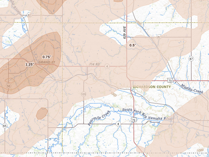 Radar-estimated hail-size map of the storm over Humboldt, NE on Apr 23, 2026