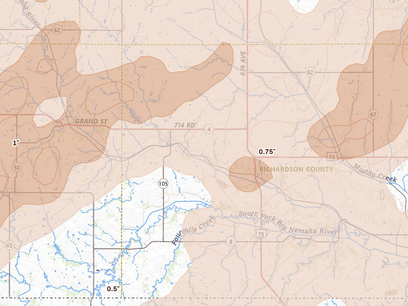 Radar-estimated hail-size map of the storm over Humboldt, NE on May 18, 2026