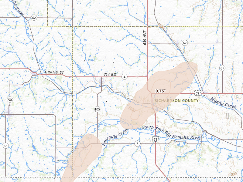 Radar-estimated hail-size map of the storm over Humboldt, NE on Jun 4, 2026