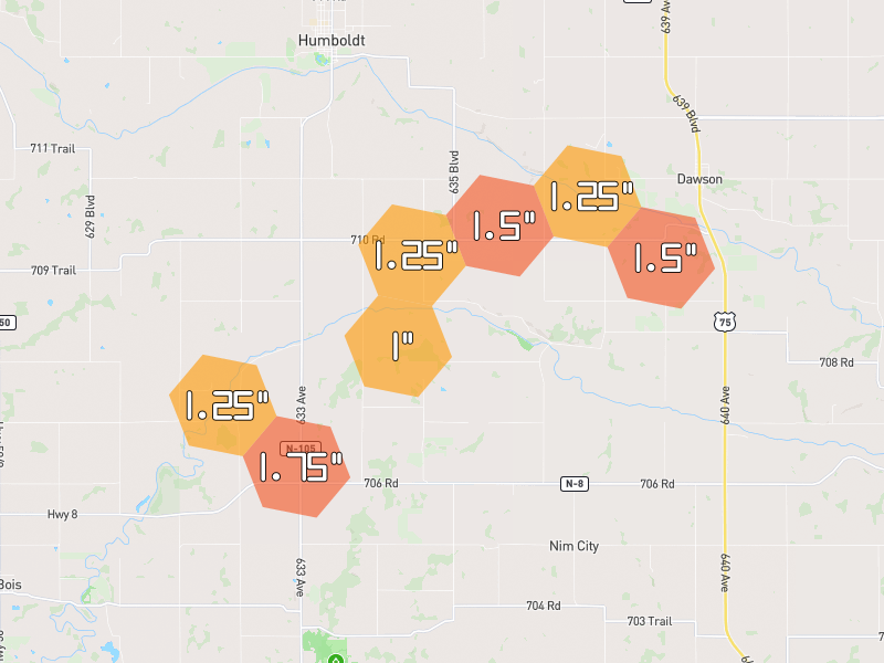 Hail map of Humboldt, NE on Jun 4, 2026, hail up to 1.75"