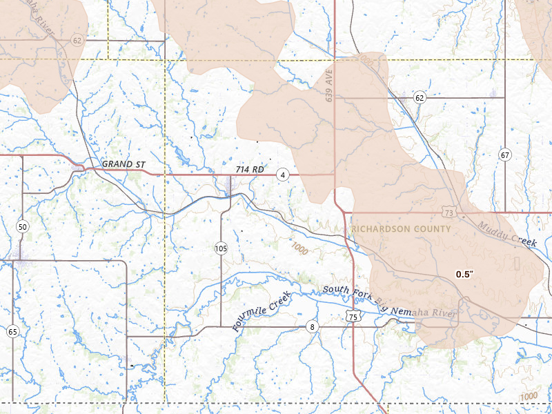 Radar-estimated hail-size map of the storm over Humboldt, NE on Jul 3, 2026