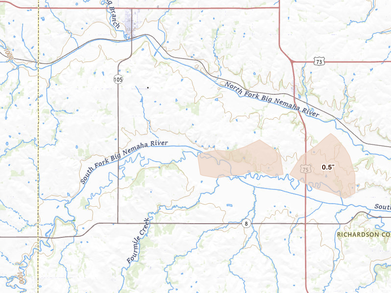 Radar-estimated hail-size map of the storm over Humboldt, NE on Aug 9, 2026