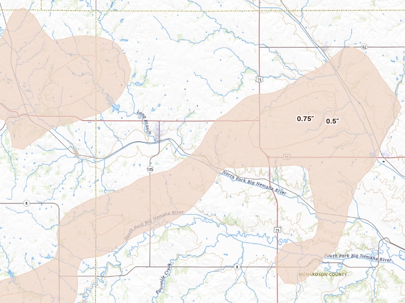 Radar-estimated hail-size map of the storm over Humboldt, NE