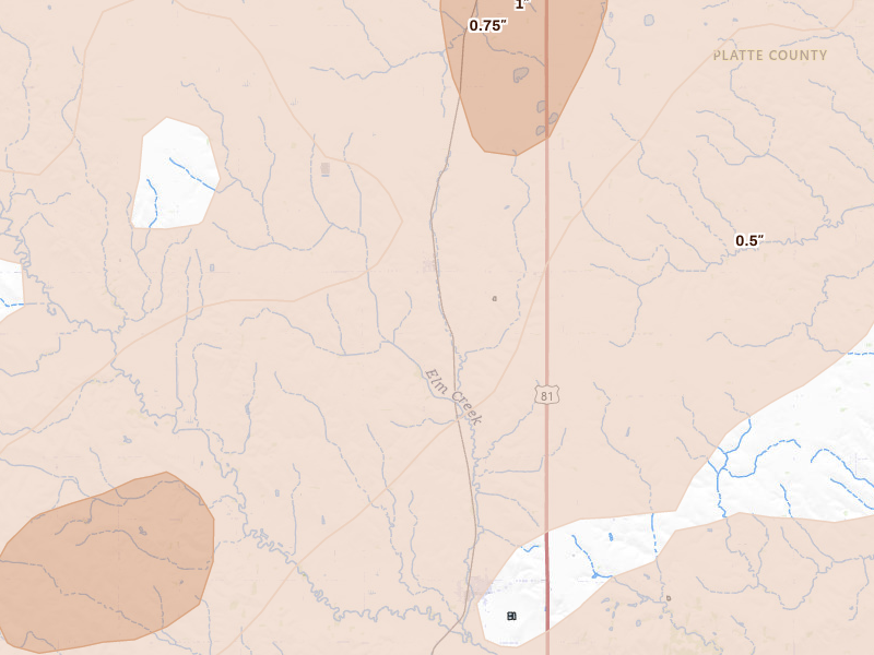 Radar-estimated hail-size map of the storm over Humphrey, NE on May 17, 2026