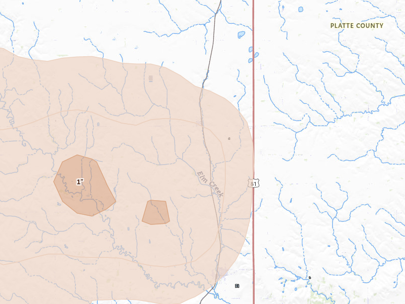 Radar-estimated hail-size map of the storm over Humphrey, NE on Jun 12, 2026
