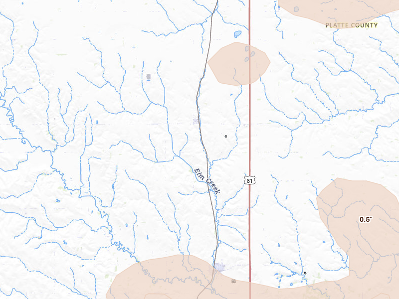 Radar-estimated hail-size map of the storm over Humphrey, NE on Jul 8, 2026