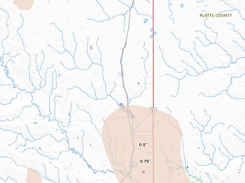 Radar-estimated hail-size map of the storm over Humphrey, NE on Aug 8, 2026