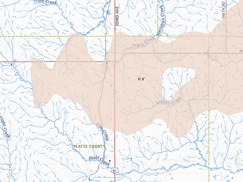 Radar-estimated hail-size map of the storm over Humphrey, NE on Aug 12, 2026