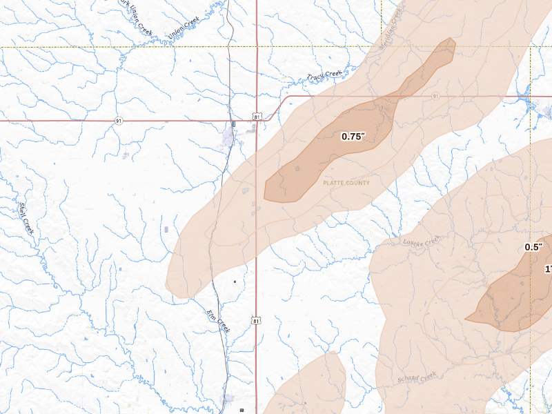 Radar-estimated hail-size map of the storm over Humphrey, NE on Sep 13, 2026