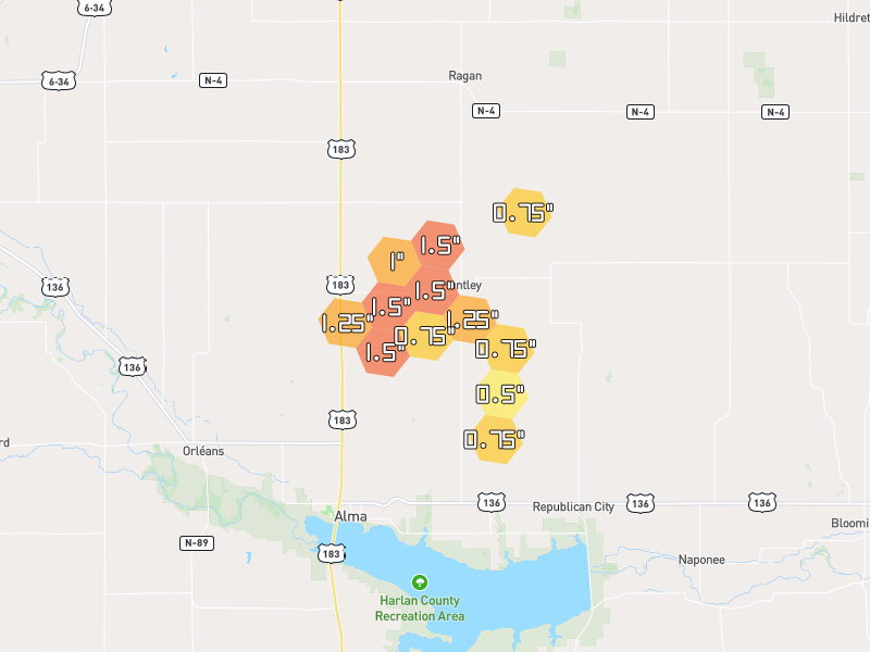 Hail map of Huntley, NE on Jun 3, 2026, hail up to 1.5"