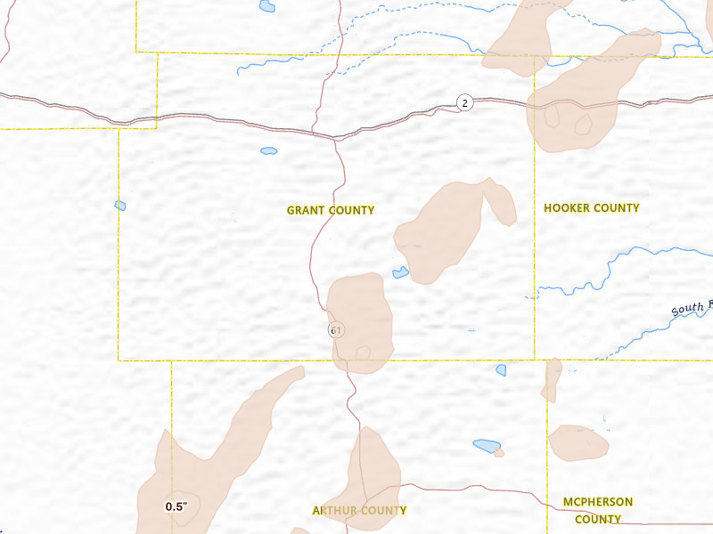 Radar-estimated hail-size map of the storm over Hyannis, NE on Jun 30, 2026