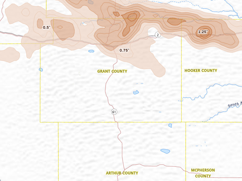 Radar-estimated hail-size map of the storm over Hyannis, NE on Jul 3, 2026