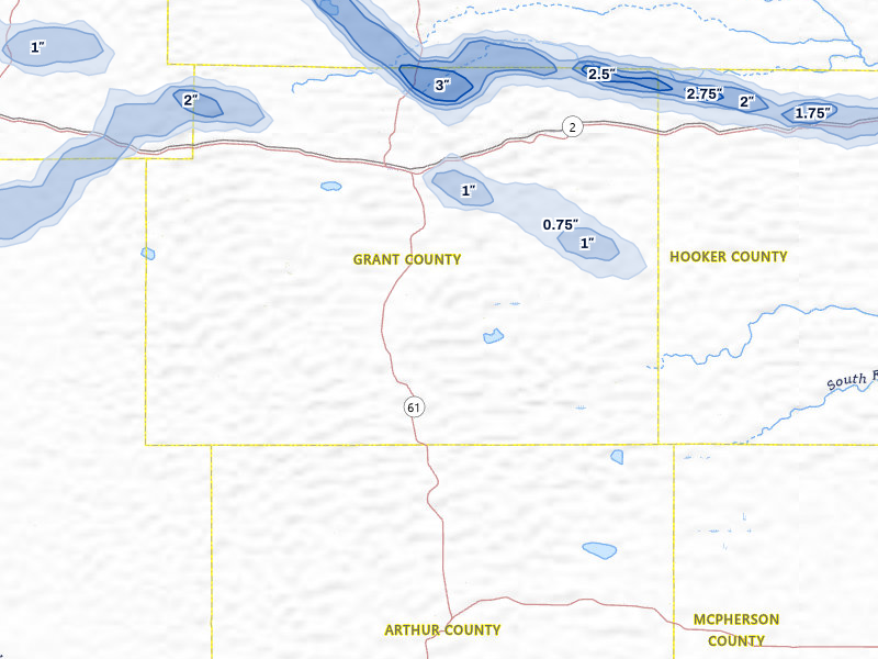 NEXRAD radar-signature map of the hail storm over Hyannis, NE on Jul 3, 2026