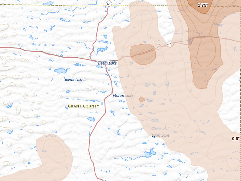 Radar-estimated hail-size map of the storm over Hyannis, NE on Aug 27, 2026
