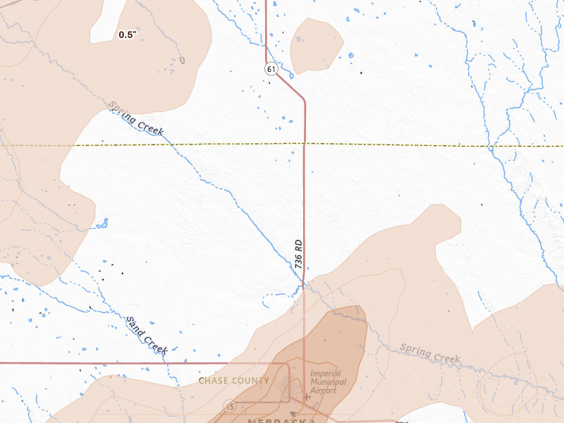Radar-estimated hail-size map of the storm over Imperial, NE on Jul 2, 2026