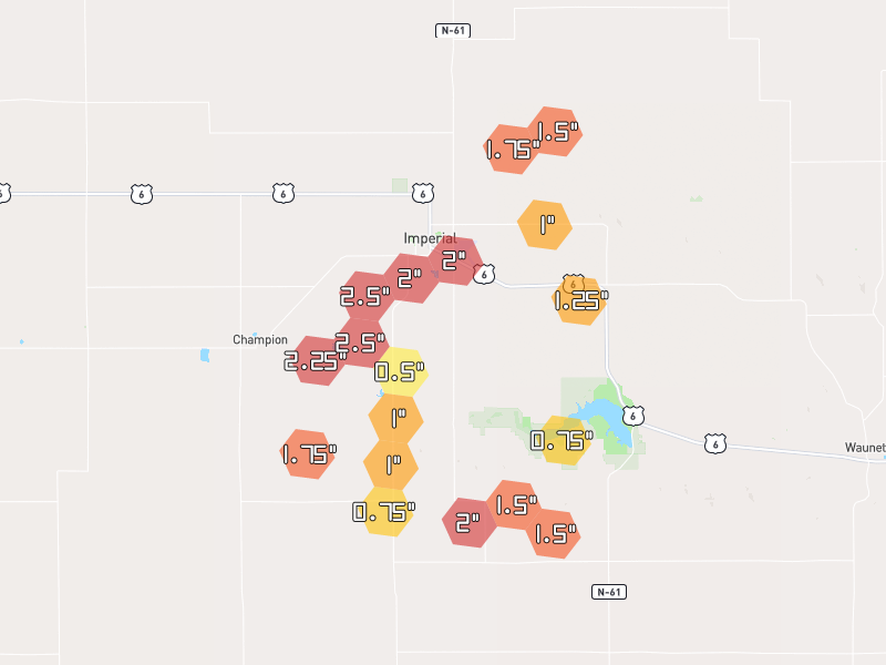 Hail map of Imperial, NE on Jul 3, 2026, hail up to 2.5"