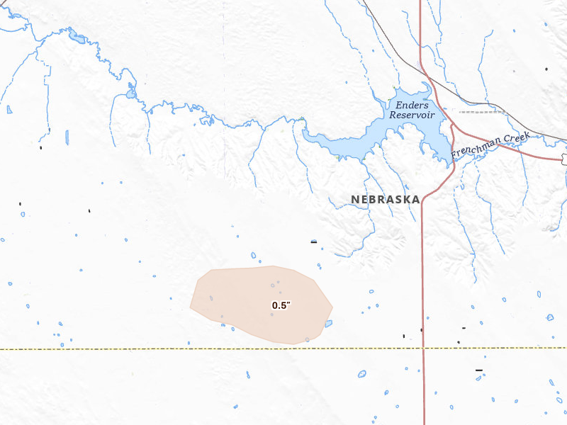 Radar-estimated hail-size map of the storm over Imperial, NE on Jul 28, 2026
