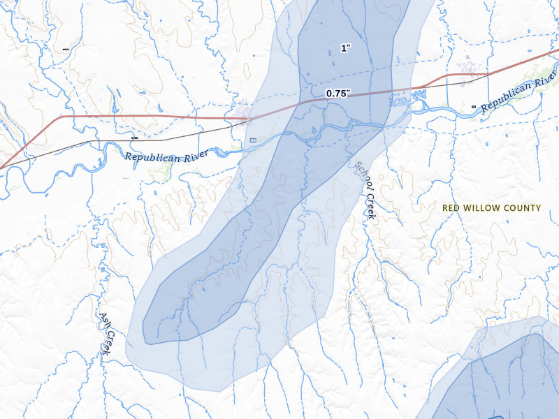 NEXRAD radar-signature map of the hail storm over Indianola, NE on May 29, 2026