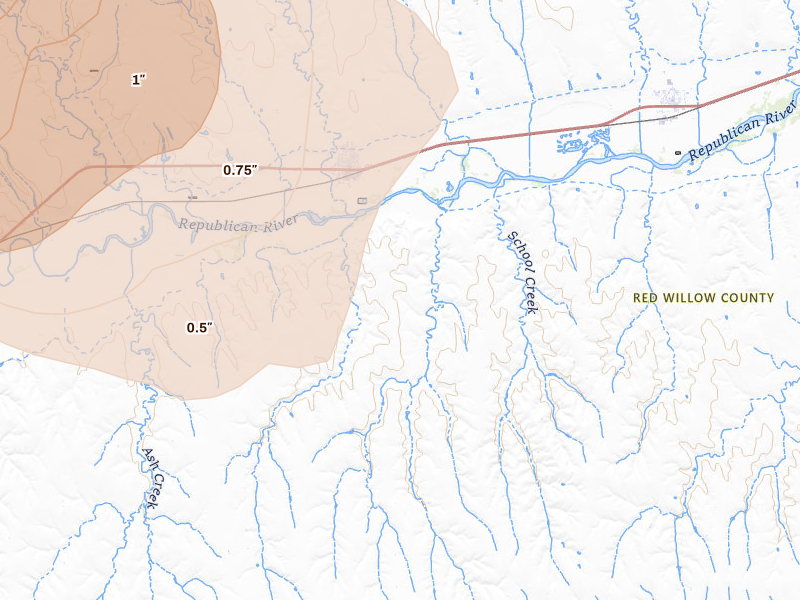 Radar-estimated hail-size map of the storm over Indianola, NE on Jul 27, 2026