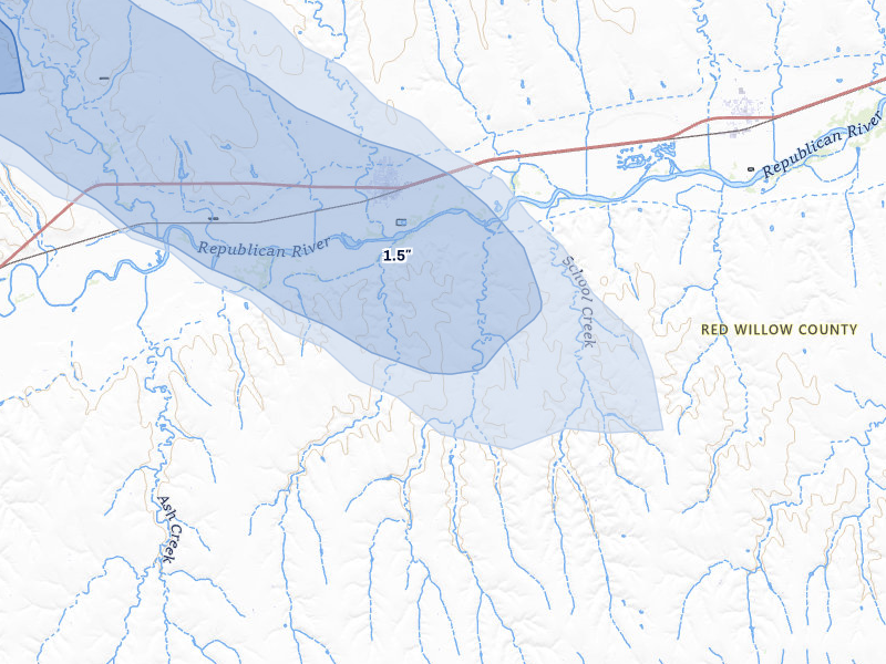NEXRAD radar-signature map of the hail storm over Indianola, NE on Jul 30, 2026