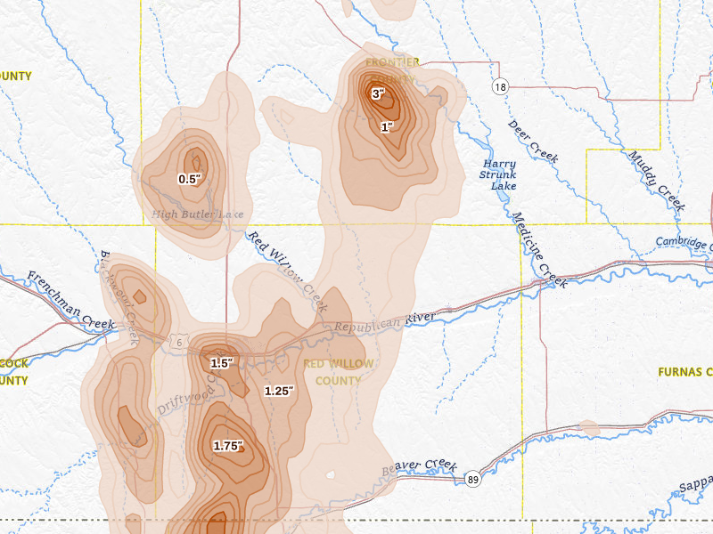Radar-estimated hail-size map of the storm over Indianola, NE on Aug 20, 2026