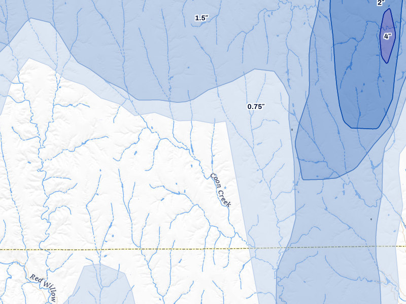 NEXRAD radar-signature map of the hail storm over Indianola, NE on Aug 20, 2026