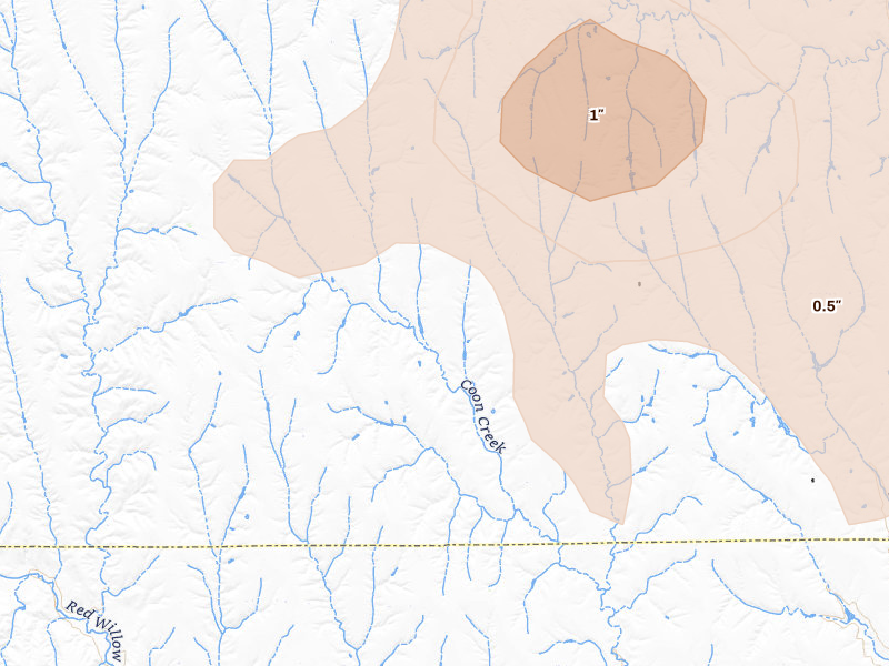 Radar-estimated hail-size map of the storm over Indianola, NE on Aug 27, 2026