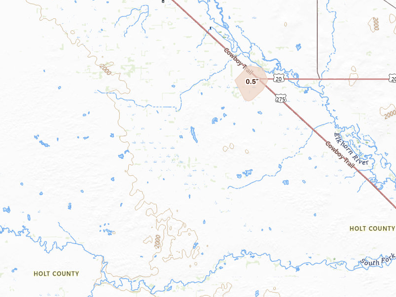 Radar-estimated hail-size map of the storm over Inman, NE on Jun 29, 2026