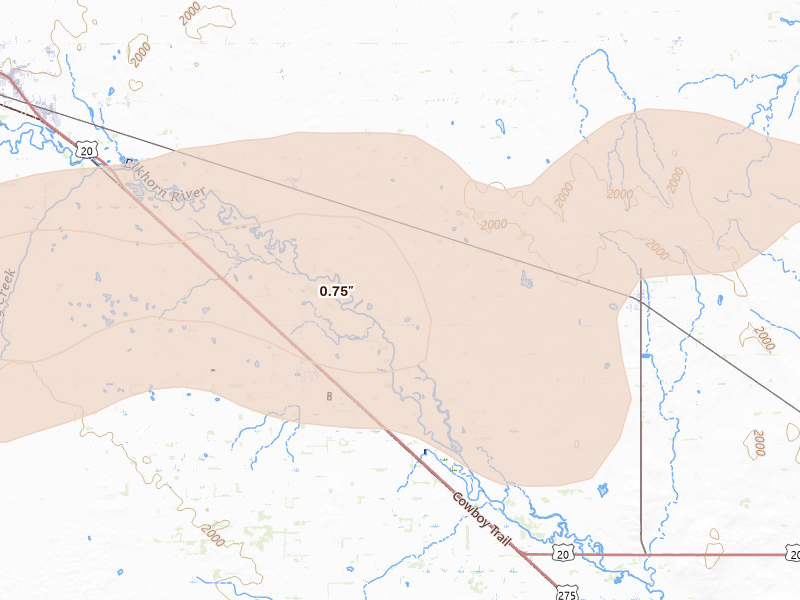 Radar-estimated hail-size map of the storm over Inman, NE on Aug 11, 2026