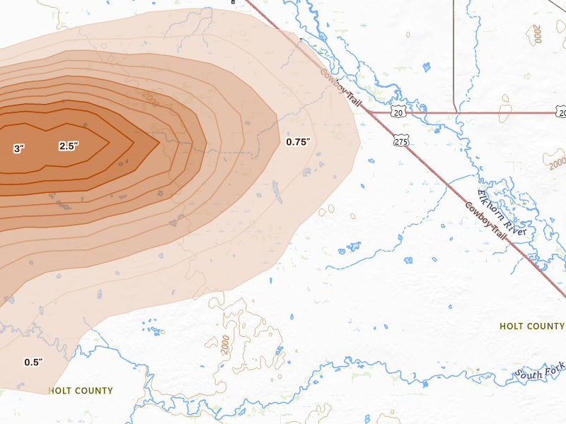 Radar-estimated hail-size map of the storm over Inman, NE on Aug 17, 2026