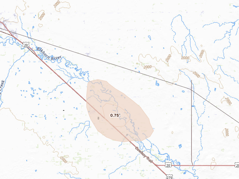 Radar-estimated hail-size map of the storm over Inman, NE on Aug 18, 2026